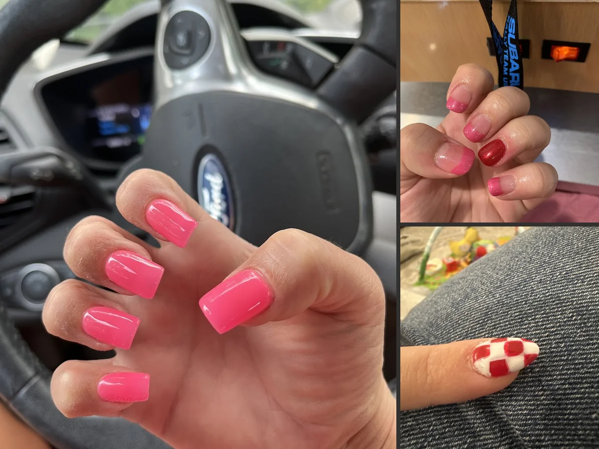 Nail technician shaping polished acrylic nails